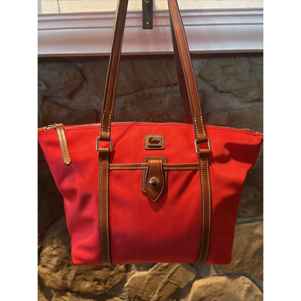 Dooney Bourke Red Nylon Medium Tote Handbag with Leather Trim and Zip